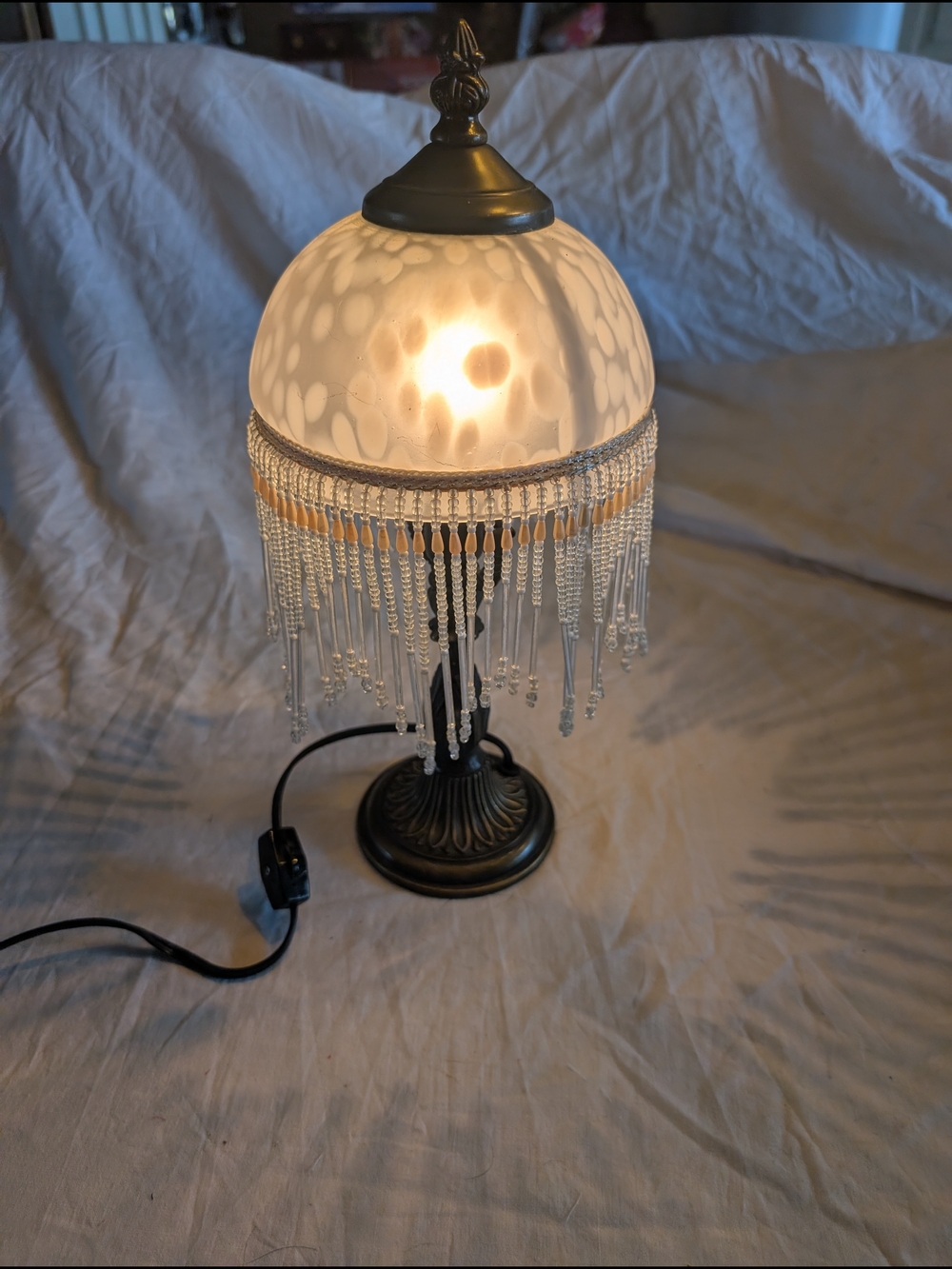 2/60$ Vintage White Glass Beaded Fringe Table Lamp